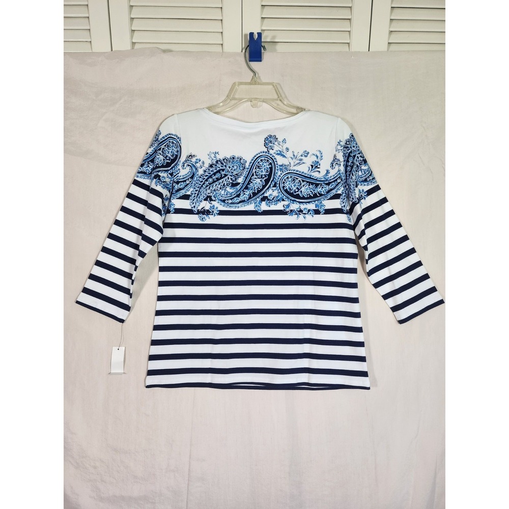 Talbots NWT Petite Medium Navy White Striped Paisley Top Resort Coastal Nautical - Picture 4 of 7